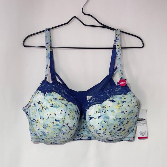 Ashley Stewart Everyday T-Shirt Bra Womens 42DDD 42F Blue Floral Underwire NWT - Picture 1 of 5